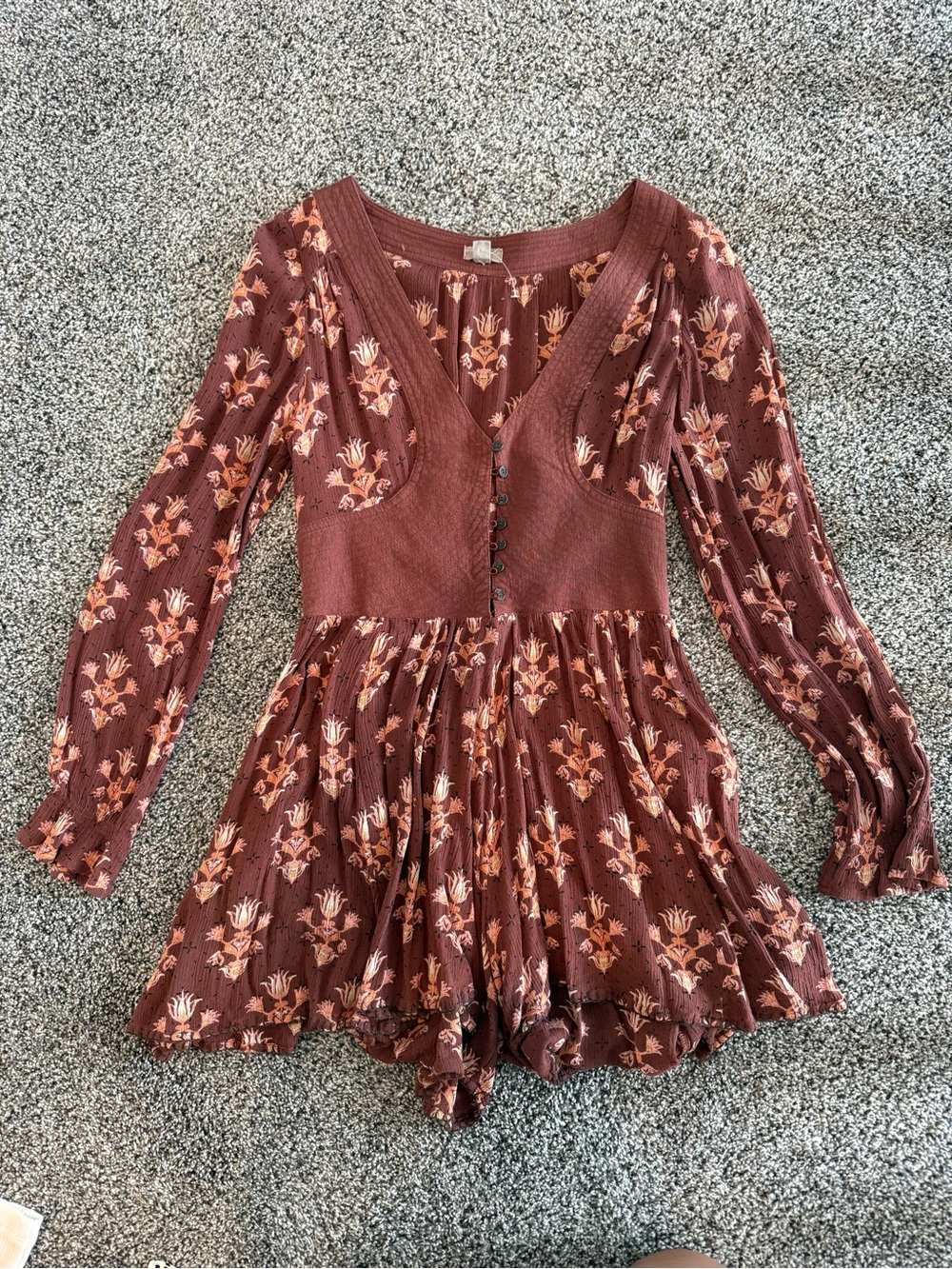 Women’s Floral Rust Long-Sleeve Dress style Romper with ruffle hem
